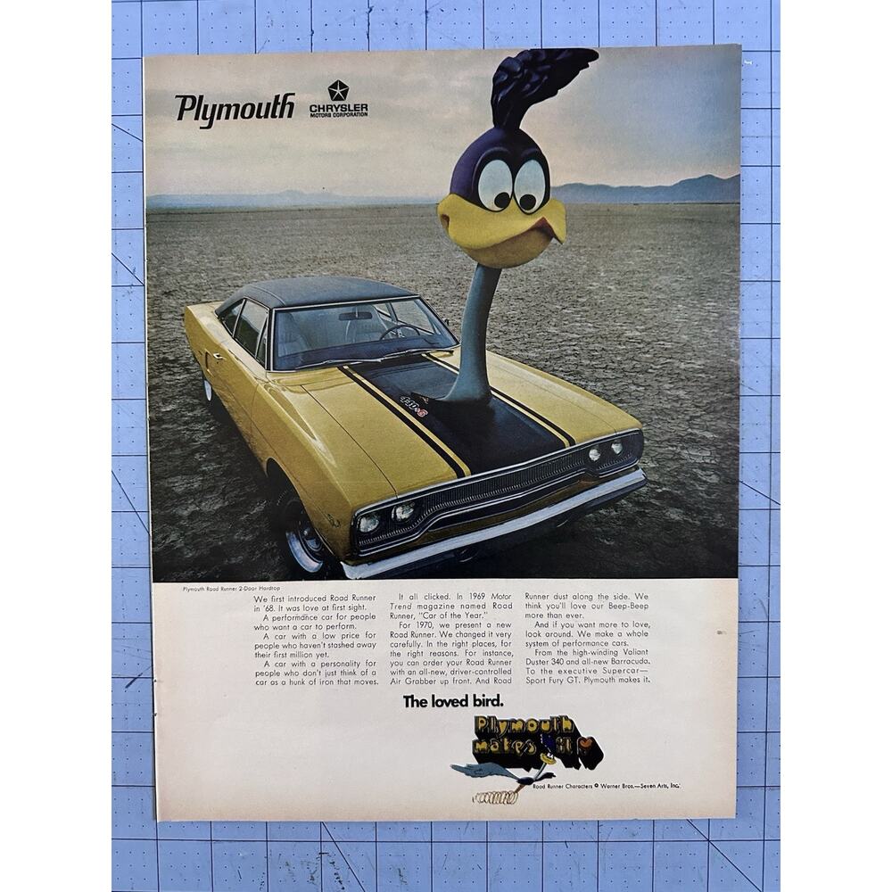 1969 VTG Original Magazine Ad PLYMOUTH Road Runner Car The Loved Bird